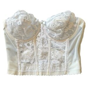 VTG Montgomery Ward White Strapless Longline Bra Sz 34C Lace Trim Boning Pin Up